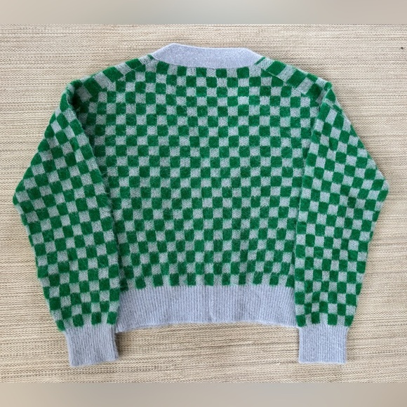 J.Crew green checkered v-neck‎ cardigan sweater brushed yarn wool blend women XS - Picture 2 of 4
